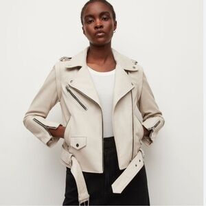 Zara Ecru Faux Leather Moto Jacket Cream Biker Coat Jacket Ivory Silver Zippers